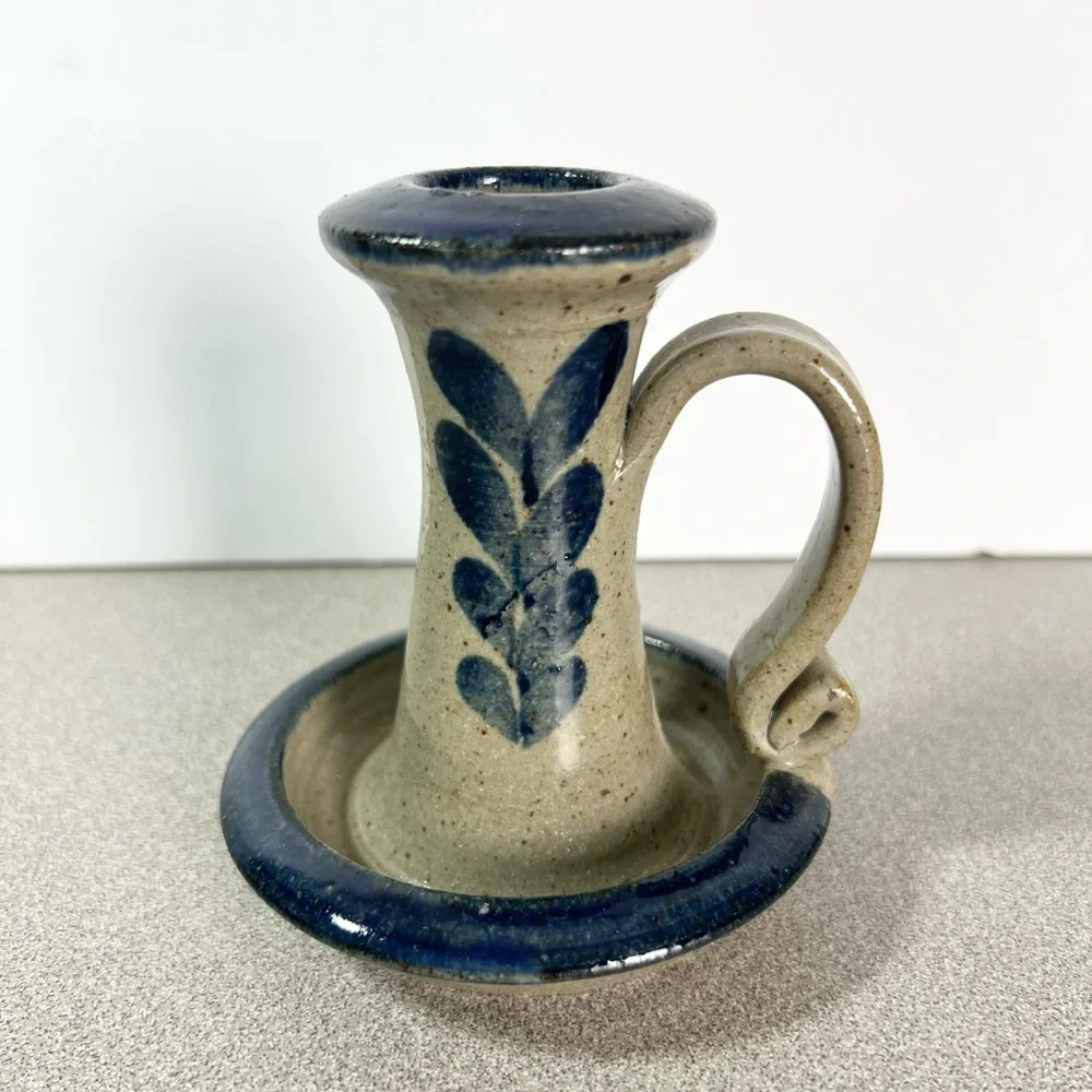 Vintage Salt Glazed Stoneware Candlestick Candle Holder W/Finger Loop 4”